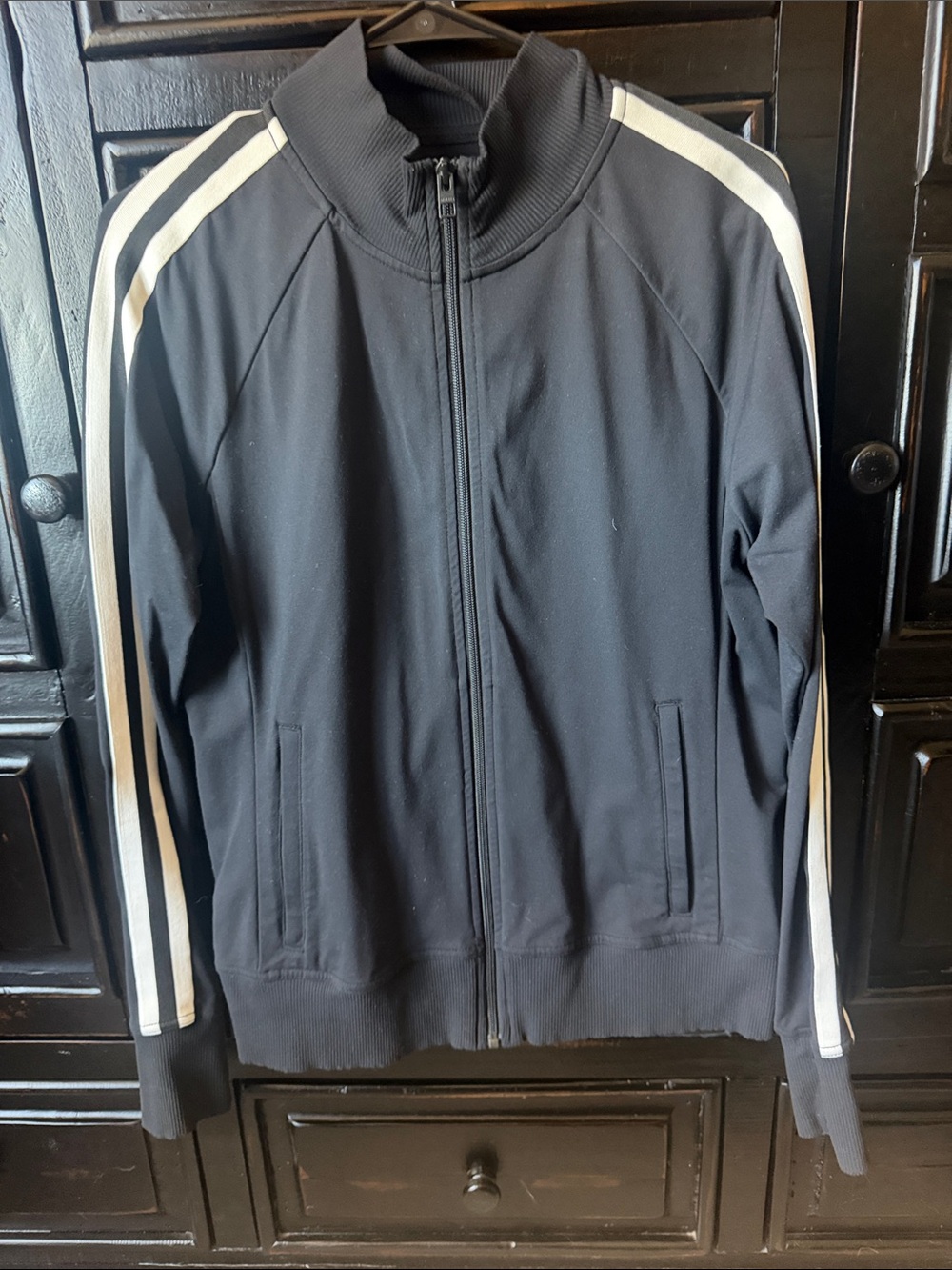 Athleta Black Zip-Up Track Jacket with White Sleeve Stripes